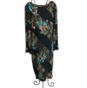 Vintage Gabriella Silk Sequin Beaded dress Size Med Made in India Multi color